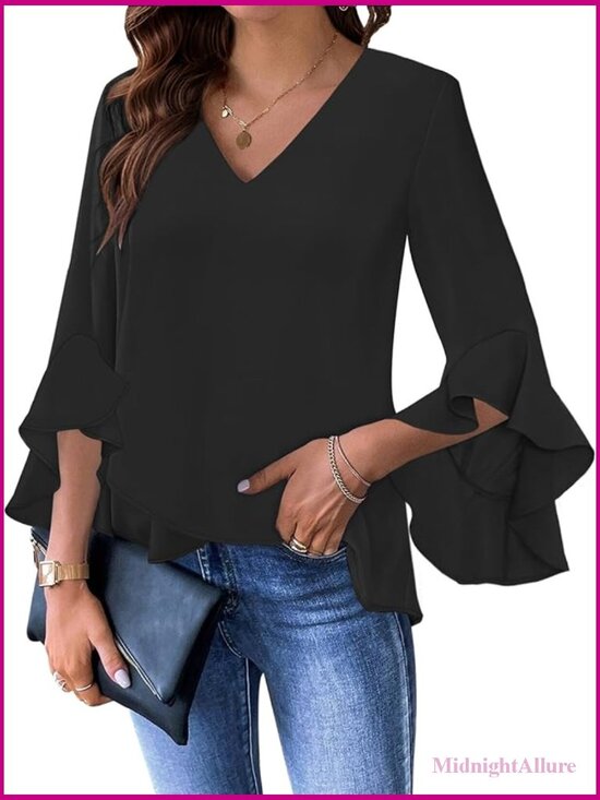 Tops - Womens Ruffle 3/4 Sleeve V Neck Blouse Business Casual Tunic Top